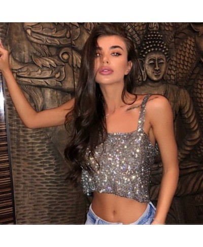 Bling Rhinestones Party Crop Top 2023 Fashion Solid Backless Straps Full Diamonds Sequins Cami Cropped Top for Women $36.54 -...