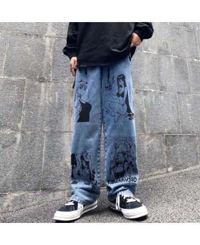 Vintage Washed Jeans Men Women Streetwear Jeans Harajuku Cartoon Anime Print Jeans Fashion GirlJeans Loose Wide Leg Pants $45...