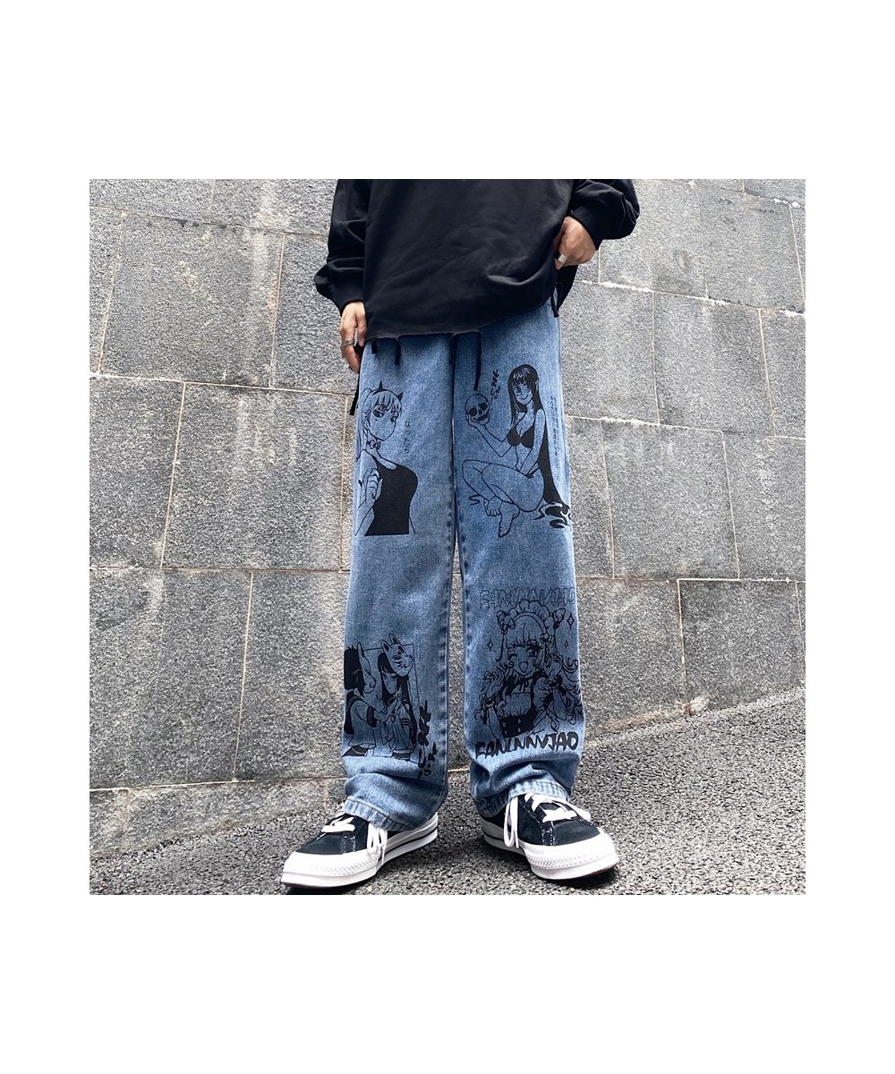 Vintage Washed Jeans Men Women Streetwear Jeans Harajuku Cartoon Anime Print Jeans Fashion GirlJeans Loose Wide Leg Pants $45...