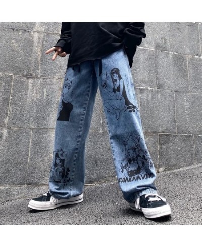 Vintage Washed Jeans Men Women Streetwear Jeans Harajuku Cartoon Anime Print Jeans Fashion GirlJeans Loose Wide Leg Pants $45...