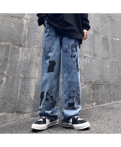 Vintage Washed Jeans Men Women Streetwear Jeans Harajuku Cartoon Anime Print Jeans Fashion GirlJeans Loose Wide Leg Pants $45...