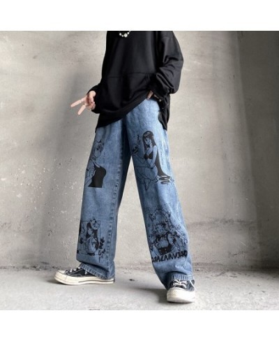 Vintage Washed Jeans Men Women Streetwear Jeans Harajuku Cartoon Anime Print Jeans Fashion GirlJeans Loose Wide Leg Pants $45...