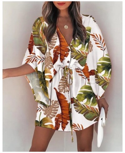 Sexy V Neck Shirt Dress Women Summer Print Batwing Sleeve Button Lace-Up Mini Dress Fashion Loose Boho Beach Party Dresses 20...