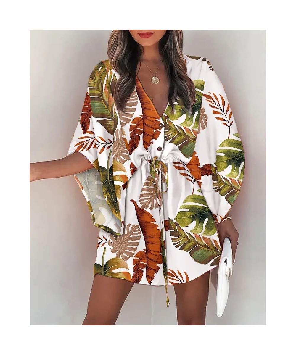 Sexy V Neck Shirt Dress Women Summer Print Batwing Sleeve Button Lace-Up Mini Dress Fashion Loose Boho Beach Party Dresses 20...