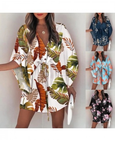 Sexy V Neck Shirt Dress Women Summer Print Batwing Sleeve Button Lace-Up Mini Dress Fashion Loose Boho Beach Party Dresses 20...