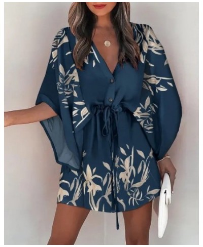 Sexy V Neck Shirt Dress Women Summer Print Batwing Sleeve Button Lace-Up Mini Dress Fashion Loose Boho Beach Party Dresses 20...