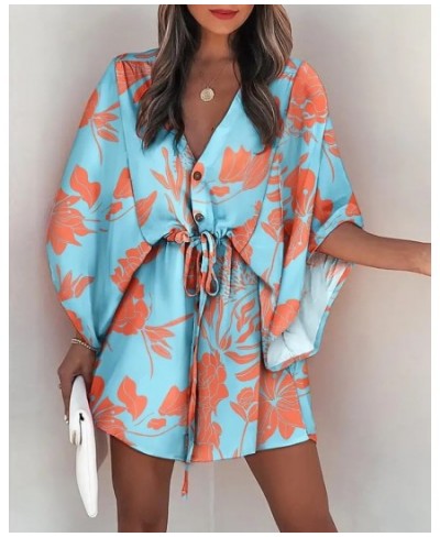 Sexy V Neck Shirt Dress Women Summer Print Batwing Sleeve Button Lace-Up Mini Dress Fashion Loose Boho Beach Party Dresses 20...