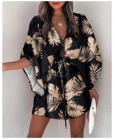 Sexy V Neck Shirt Dress Women Summer Print Batwing Sleeve Button Lace-Up Mini Dress Fashion Loose Boho Beach Party Dresses 20...