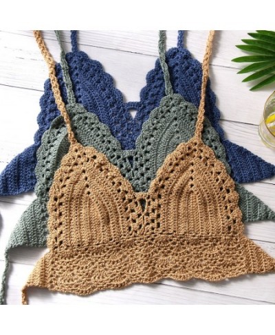 New Sexy Bikini Crop Top Women Crochet Boho Beach Camisoles Bikini Bralette Halter Cami Knitted Bra Backless Beachwear Tank T...