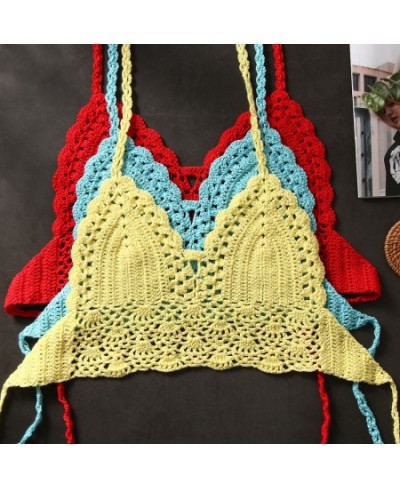 New Sexy Bikini Crop Top Women Crochet Boho Beach Camisoles Bikini Bralette Halter Cami Knitted Bra Backless Beachwear Tank T...