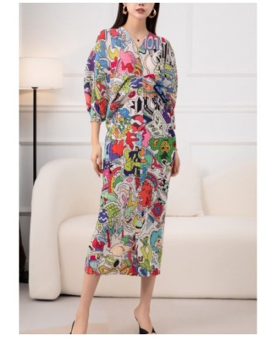 2023 New Spring Print Pleated Skirt/Holiday Party Temperament Loose Bat S Sleeve Dress Factory Spots $59.76 - Dresses