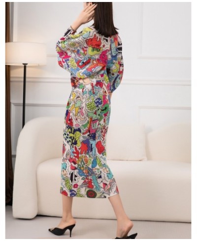 2023 New Spring Print Pleated Skirt/Holiday Party Temperament Loose Bat S Sleeve Dress Factory Spots $59.76 - Dresses