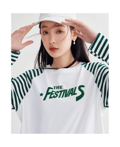 Women Tees 2023 Spring Striped Long Sleeve O Neck Loose Tshirt Letter Print Pure Cotton Comfort Basic All Match Tops $39.48 -...