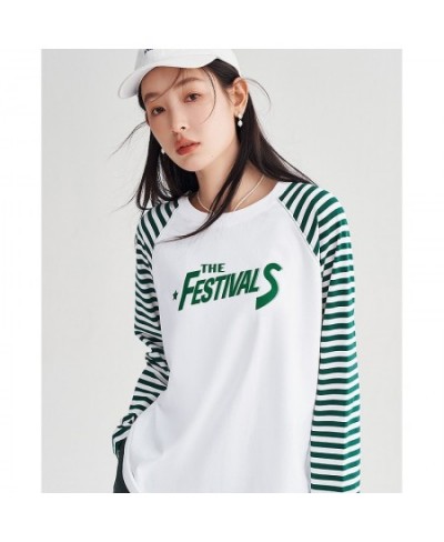 Women Tees 2023 Spring Striped Long Sleeve O Neck Loose Tshirt Letter Print Pure Cotton Comfort Basic All Match Tops $39.48 -...