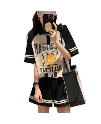 Casual Oversized Tracksuit Women 2023 Summer Streetwear Cartoon Short Sleeve 2 Piece Set For Womens Wide-Leg Shorts Sports Su...