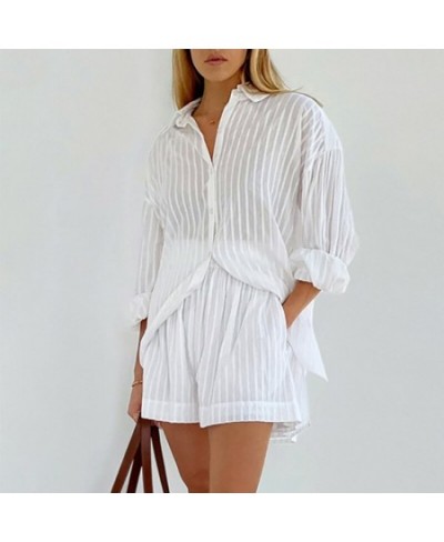 Women's Solid Pajamas Set 2 Pieces With Shorts Long Sleeve Ladies Summer Turn Down Collar Striped Pijama Suit For Female 2023...