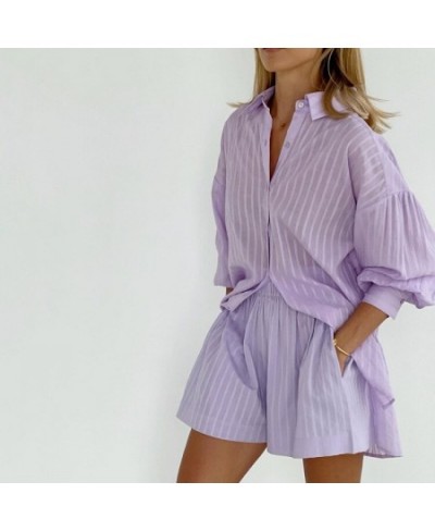 Women's Solid Pajamas Set 2 Pieces With Shorts Long Sleeve Ladies Summer Turn Down Collar Striped Pijama Suit For Female 2023...