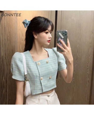 Cropped Jackets Women Puff Sleeve Sweet Solid Square Collar Fashion Korean Style Daily All-match Female Summer Outerwear Retr...