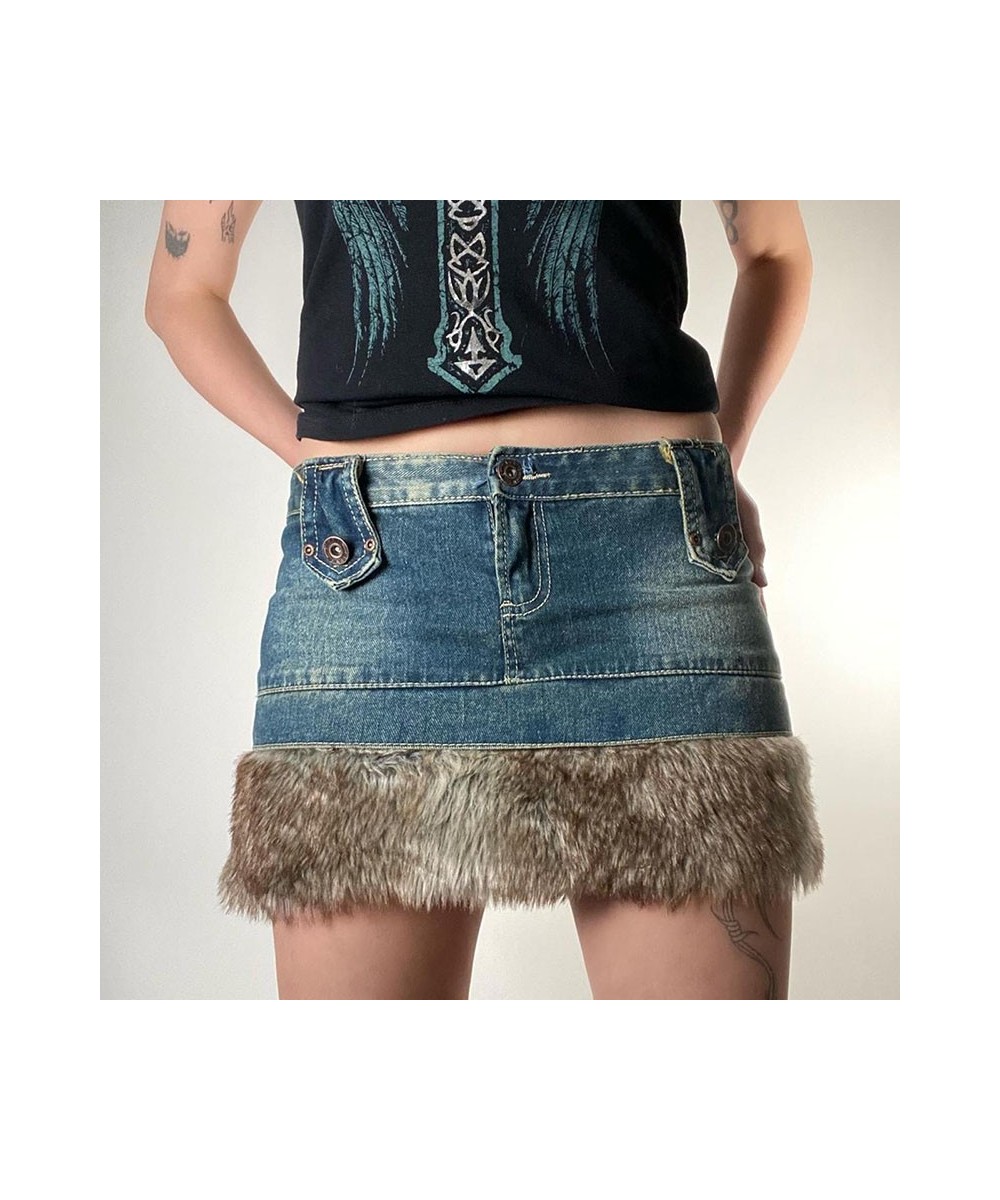 Korean Retro Cute Fur Trim Pencil Skirts Fairycore 90s Vintage Y2K Low Waisted Jeans Skirt Chic Women Harajuku Streetwear $37...