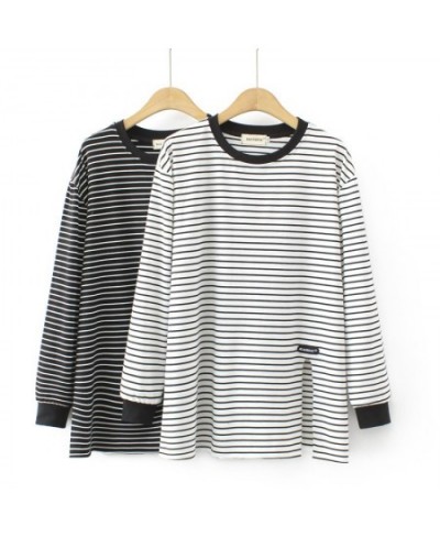 4XL Plus Size Basic T-Shirt Women 2023 Spring Cotton Stretch Striped O-Neck Tees Long Sleeve Split Tops Oversize Curve Clothe...