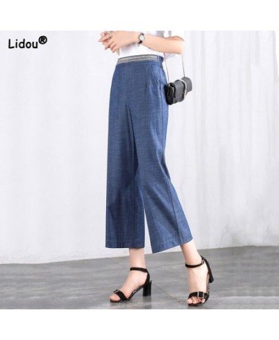 Loose Solid Wide Leg Pants Pockets Bright Line Decoration Spring Summer Thin Women's Clothing 2022 Elastic Waist Casual Capri...