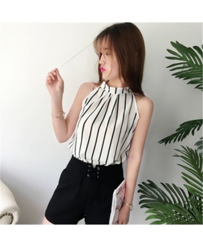 2023 Chiffon Blouse Sleeveless Halter Shirt Stripe Flower Dot Black White Tops 2023 Summer Woman Fashion Elegant Blusas ZY339...