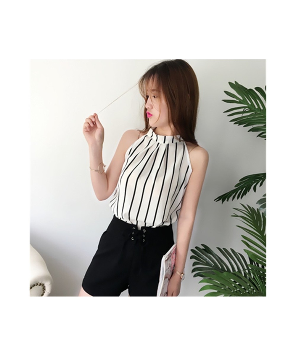 2023 Chiffon Blouse Sleeveless Halter Shirt Stripe Flower Dot Black White Tops 2023 Summer Woman Fashion Elegant Blusas ZY339...