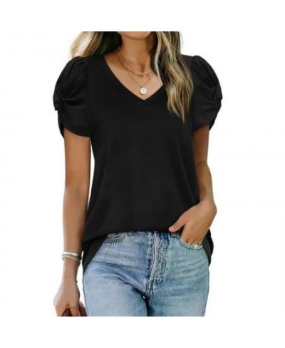 2023 Spring T Shirt Women Cotton Kink V-Neck Puff Short-Sleeve Shirt Summer Trend Casual Black Blue Loose Oversized Tops Tee ...