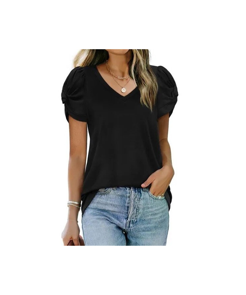 2023 Spring T Shirt Women Cotton Kink V-Neck Puff Short-Sleeve Shirt Summer Trend Casual Black Blue Loose Oversized Tops Tee ...