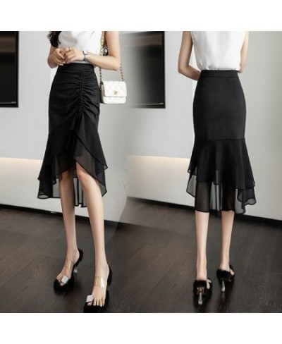 Summer High Waist Slit Black Skirt Women 2022 Summer New High Waist Slimming Fishtail Hip Mid-Length Tulle Women $39.21 - Skirts