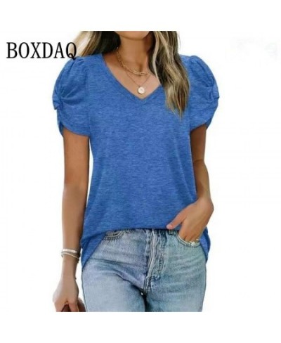 2023 Spring T Shirt Women Cotton Kink V-Neck Puff Short-Sleeve Shirt Summer Trend Casual Black Blue Loose Oversized Tops Tee ...