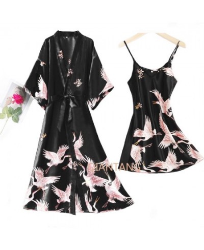 Sexy Nightwear Gown Set Women 2PC Pyjama V-Neck Pajamas Silky Sleepwear Spring Lady Sleep Suit Robe Wear Home Negligee Homewe...