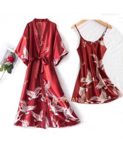 Sexy Nightwear Gown Set Women 2PC Pyjama V-Neck Pajamas Silky Sleepwear Spring Lady Sleep Suit Robe Wear Home Negligee Homewe...