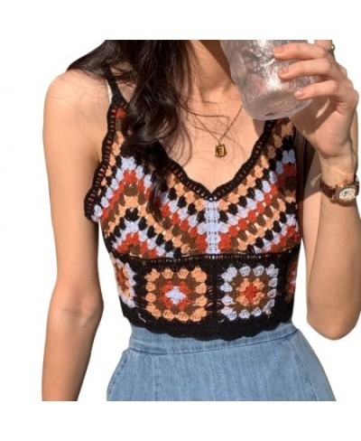 Women Summer Crochet Knit Spaghetti Strap Crop Top Ethnic Vintage Embroidery Colorblock Geometric Beach Camisole Vest $19.67 ...