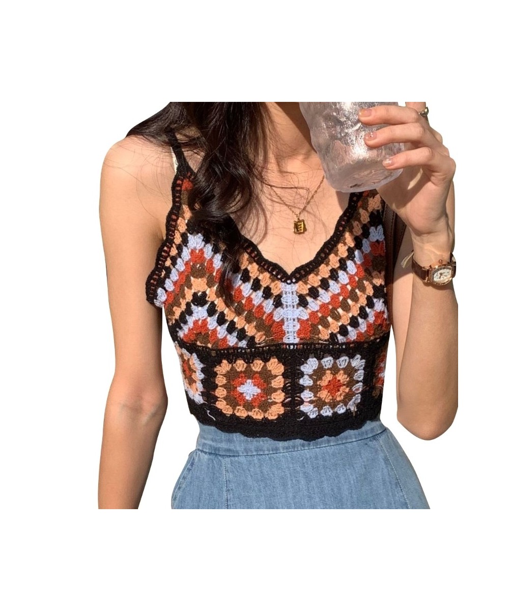 Women Summer Crochet Knit Spaghetti Strap Crop Top Ethnic Vintage Embroidery Colorblock Geometric Beach Camisole Vest $19.67 ...