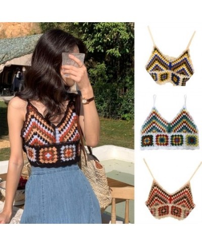 Women Summer Crochet Knit Spaghetti Strap Crop Top Ethnic Vintage Embroidery Colorblock Geometric Beach Camisole Vest $19.67 ...