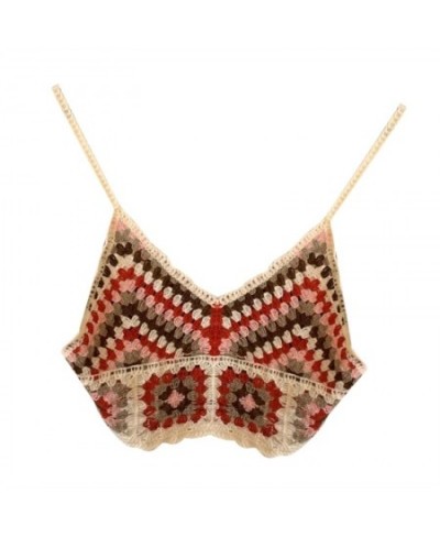 Women Summer Crochet Knit Spaghetti Strap Crop Top Ethnic Vintage Embroidery Colorblock Geometric Beach Camisole Vest $19.67 ...