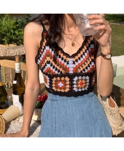 Women Summer Crochet Knit Spaghetti Strap Crop Top Ethnic Vintage Embroidery Colorblock Geometric Beach Camisole Vest $19.67 ...