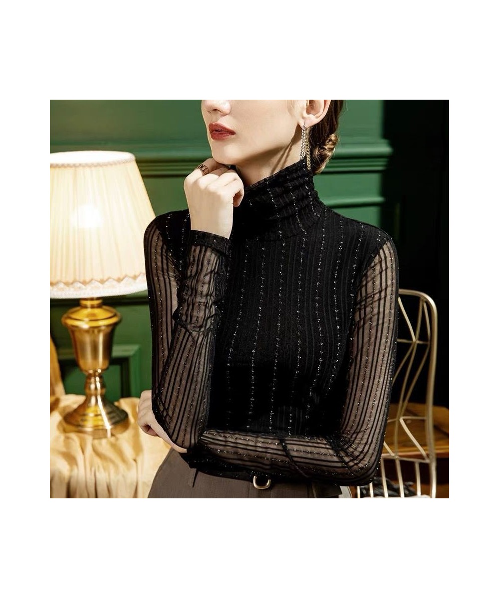 2022 High Collar Lady Autumn Slim Sexy Bottoming Shirt Women New Vintage Wave Point Lace Gauze Long Sleeve Fashion T-shirt $3...