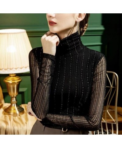 2022 High Collar Lady Autumn Slim Sexy Bottoming Shirt Women New Vintage Wave Point Lace Gauze Long Sleeve Fashion T-shirt $3...