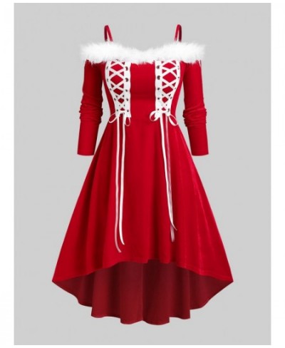 Lace Up Cold Shoulder Velvet Midi Dresses Vestidos New Red High Low Cocktail Party Christmas Xmas Dress For Women 5XL $43.61 ...