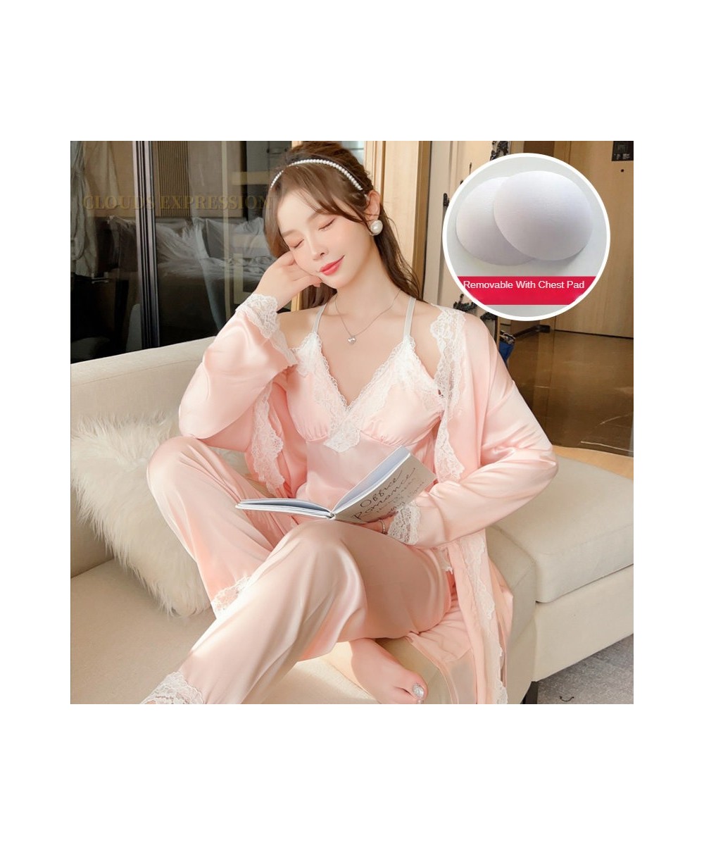 3PCS Sets Elegant Ladies Faux Silk Polyester Satin Nightwear Sexy Womens Pajama Sets Homewear Luxury Pajamas Female Sleepwear...