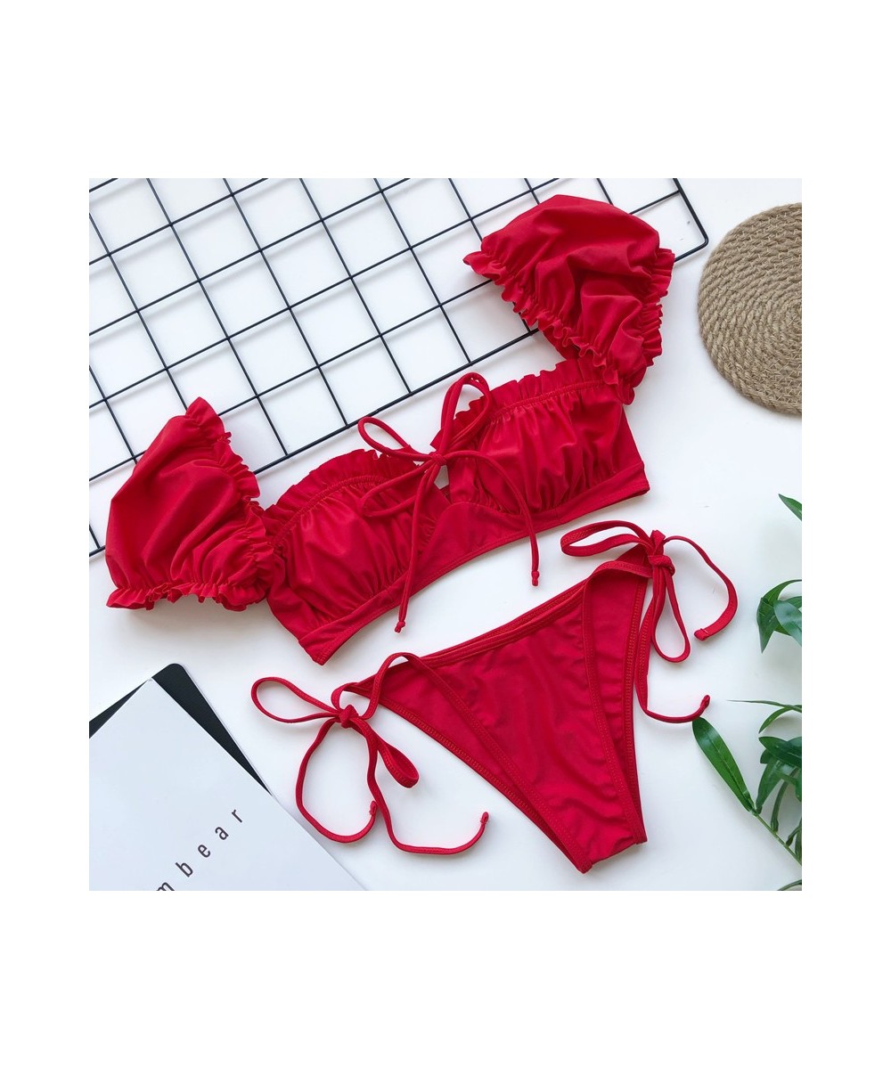 Sexy Ruffle Bikini 2023 Women Short Sleeve Solid Red Push Up High Cut Swimsuit Bathing Suit Bandage Thong Swimwear Beachwear ...