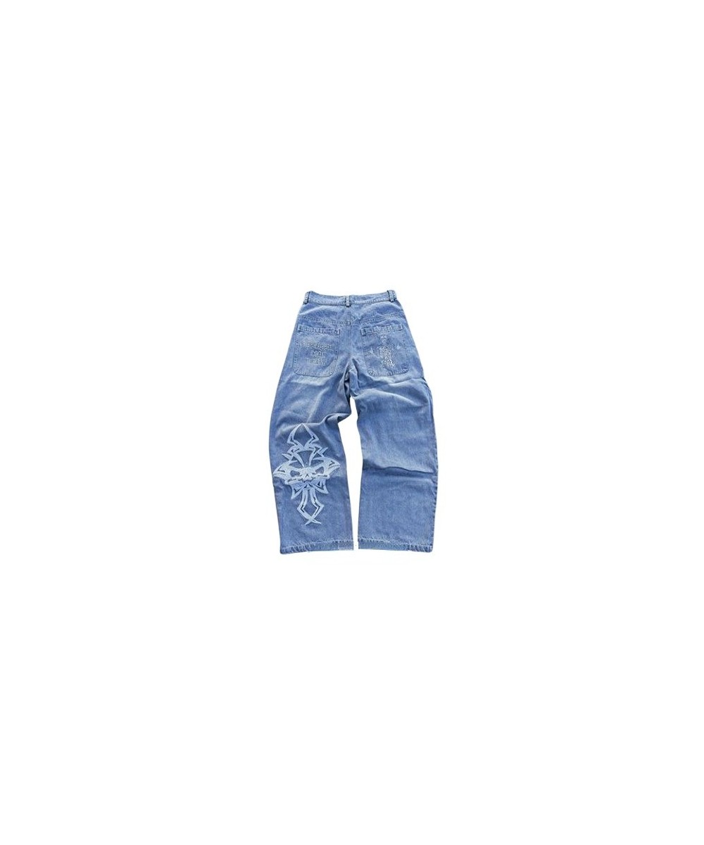 Y2K Hip-hop Blue Jeans Gothic Skull Embroidered Oversized Wide Leg Jeans Style Baggy Pants Punk High Street American Jeans $5...