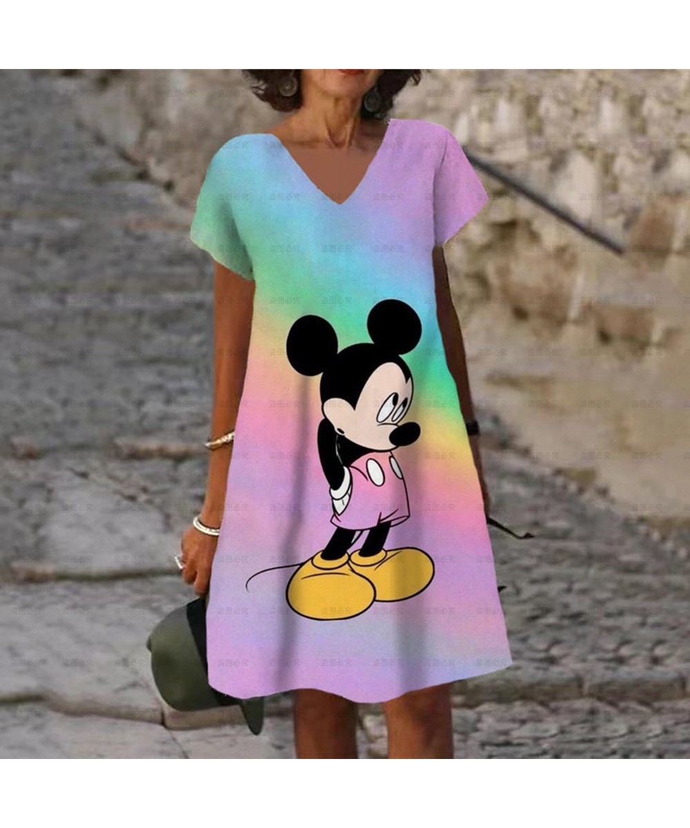 Women Short Sleeve V-Neck Minnie And Mickey Mouse Print Dress 2022 Summer New Loose Mid Length Skirt Ladies Fashion Dress $23...