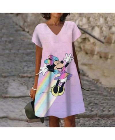 Women Short Sleeve V-Neck Minnie And Mickey Mouse Print Dress 2022 Summer New Loose Mid Length Skirt Ladies Fashion Dress $23...