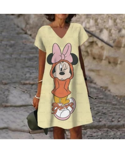 Women Short Sleeve V-Neck Minnie And Mickey Mouse Print Dress 2022 Summer New Loose Mid Length Skirt Ladies Fashion Dress $23...