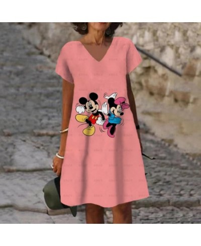 Women Short Sleeve V-Neck Minnie And Mickey Mouse Print Dress 2022 Summer New Loose Mid Length Skirt Ladies Fashion Dress $23...