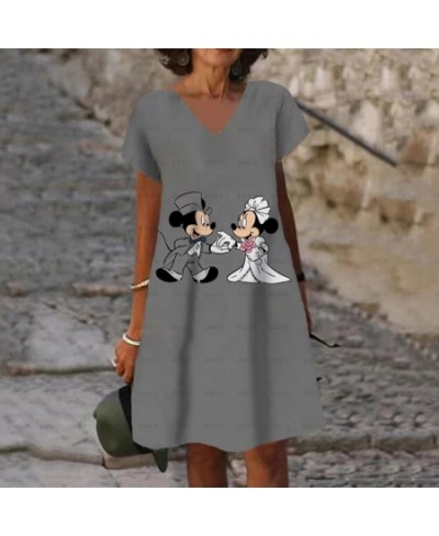 Women Short Sleeve V-Neck Minnie And Mickey Mouse Print Dress 2022 Summer New Loose Mid Length Skirt Ladies Fashion Dress $23...