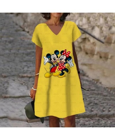 Women Short Sleeve V-Neck Minnie And Mickey Mouse Print Dress 2022 Summer New Loose Mid Length Skirt Ladies Fashion Dress $23...